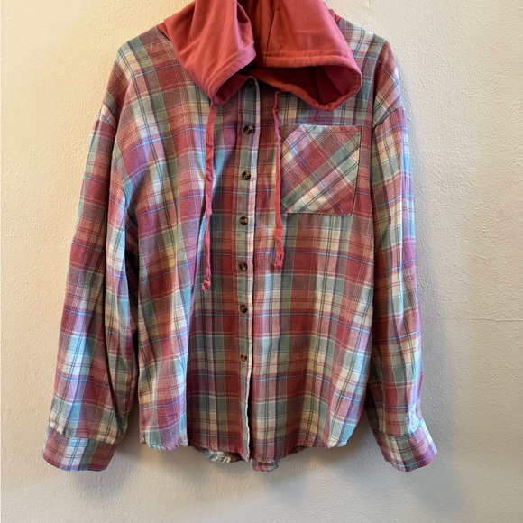 None Tops - EUC Plaid Hooded Button-Up Shirt Jacket in Rust & Mint XL